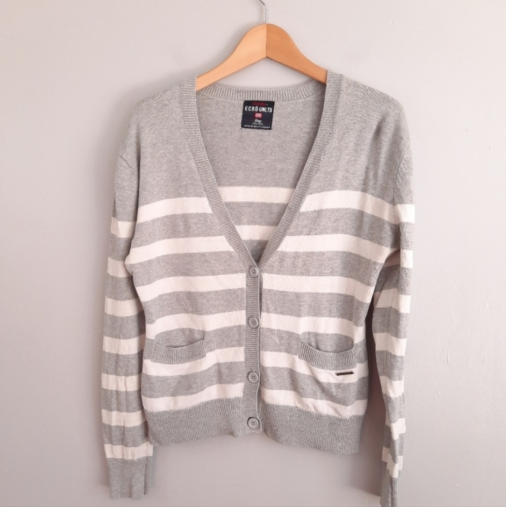 Echo Unlimited Gray & White Striped Cardigan Sweater